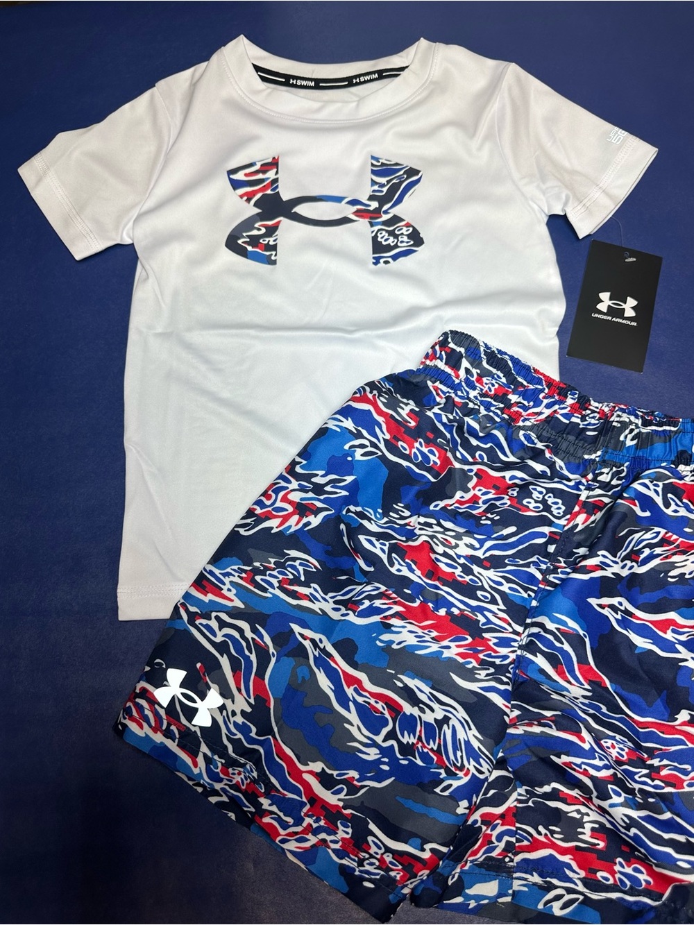 Under Armour Boys White Tee & Blue Camo Shorts Swim 2 Piece Set - Size 4